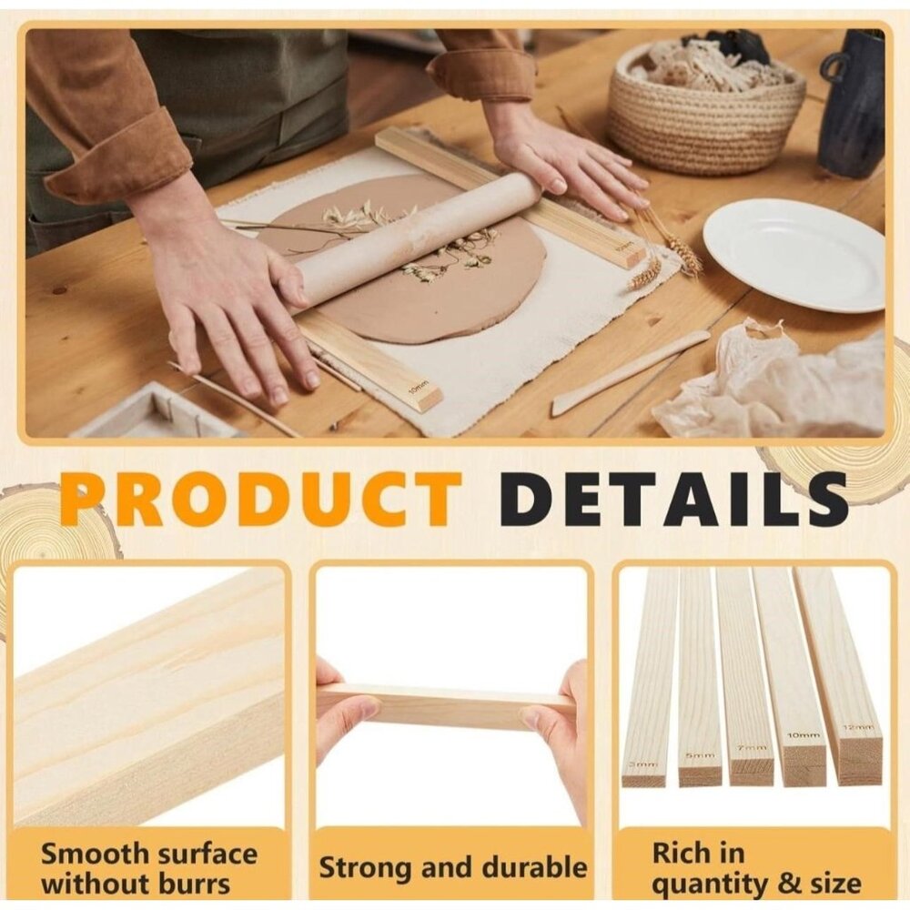 Adjustable Wooden Clay Thickness Guides For Crafting & Pottery 10 Piece